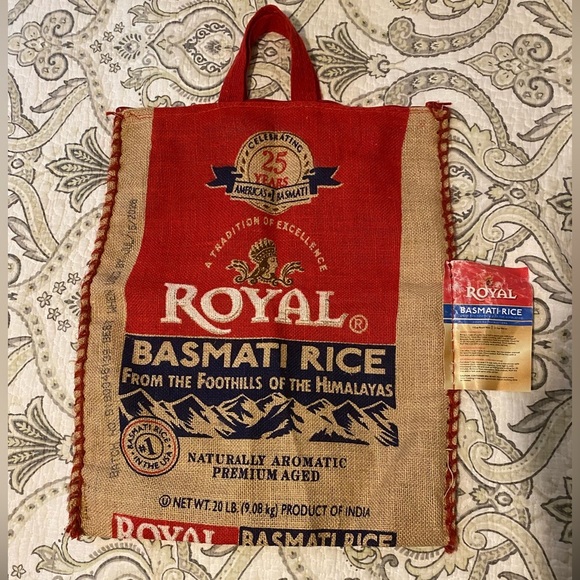 Royal Basmati Rice Bag Sack Purse Handled Zippered Tote Burlap India Himalayas - Picture 1 of 5